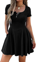 Women Summer Square Neck Mini Dresses Botton Down Flowy A-Line Dress Short Sleeve Casual Sundress with Pockets
