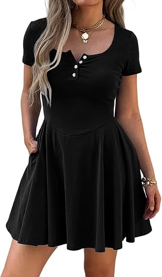Women Summer Square Neck Mini Dresses Botton Down Flowy A-Line Dress Short Sleeve Casual Sundress with Pockets