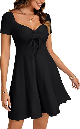 Women's Sweetheart Neck Elegant Mini Dress | Drawstring Tie Short Sleeve Ruched Ruffle Fit and Flare A Line Casual Short Dresses