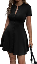 Women's Summer Button Down A Line Flare Crewneck Mini Dress | Button Up,Short Sleeve,Button V Neck,Preppy,Cute Shirt Shift Skater Short Dress,Semi Formal Work