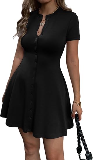 Women's Summer Button Down A Line Flare Crewneck Mini Dress | Button Up,Short Sleeve,Button V Neck,Preppy,Cute Shirt Shift Skater Short Dress,Semi Formal Work